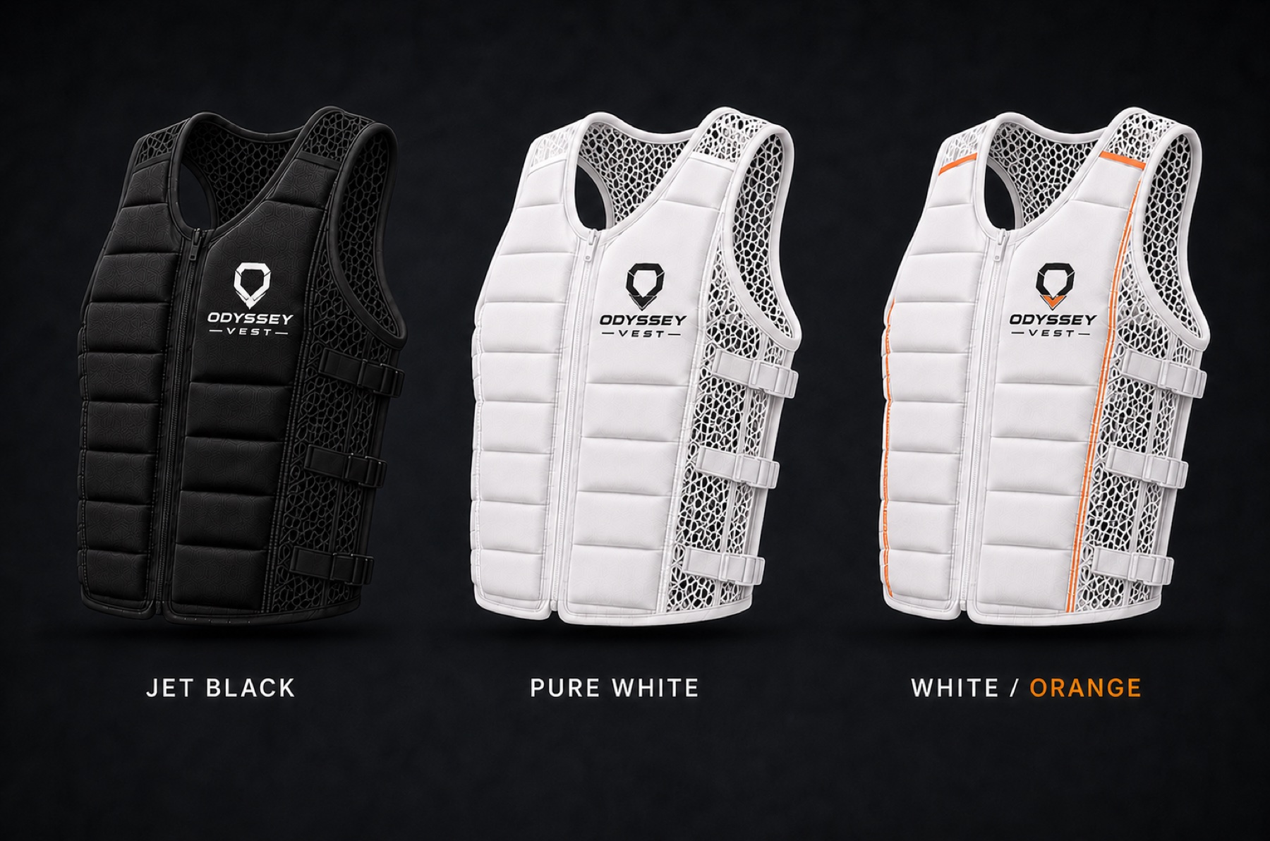 Jet black, pure white and white orange Odyssey Vest concepts