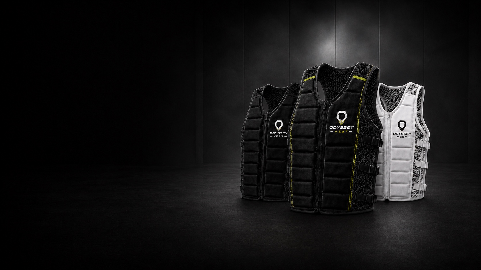 Black, black and lime, and white Odyssey Vest concepts arranged together